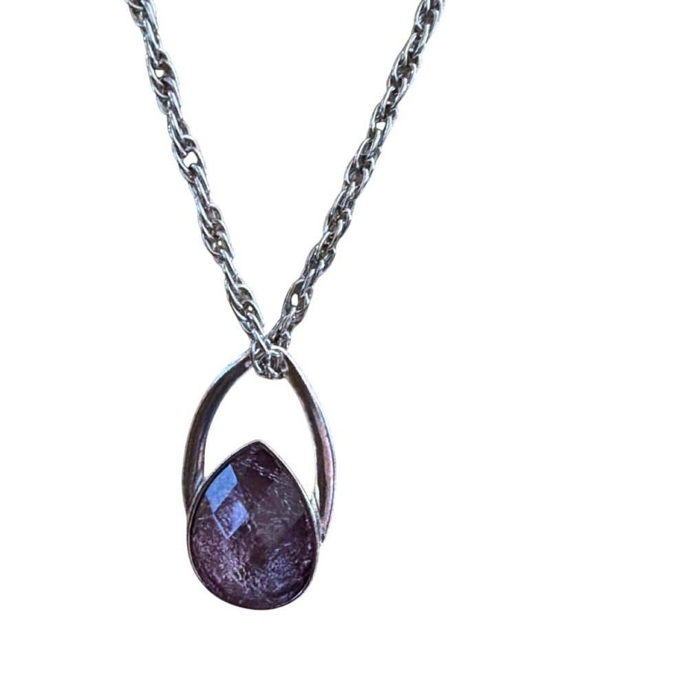 Silver Tone Rope Chain Necklace Purple Faceted Teardrop Pendant Chic